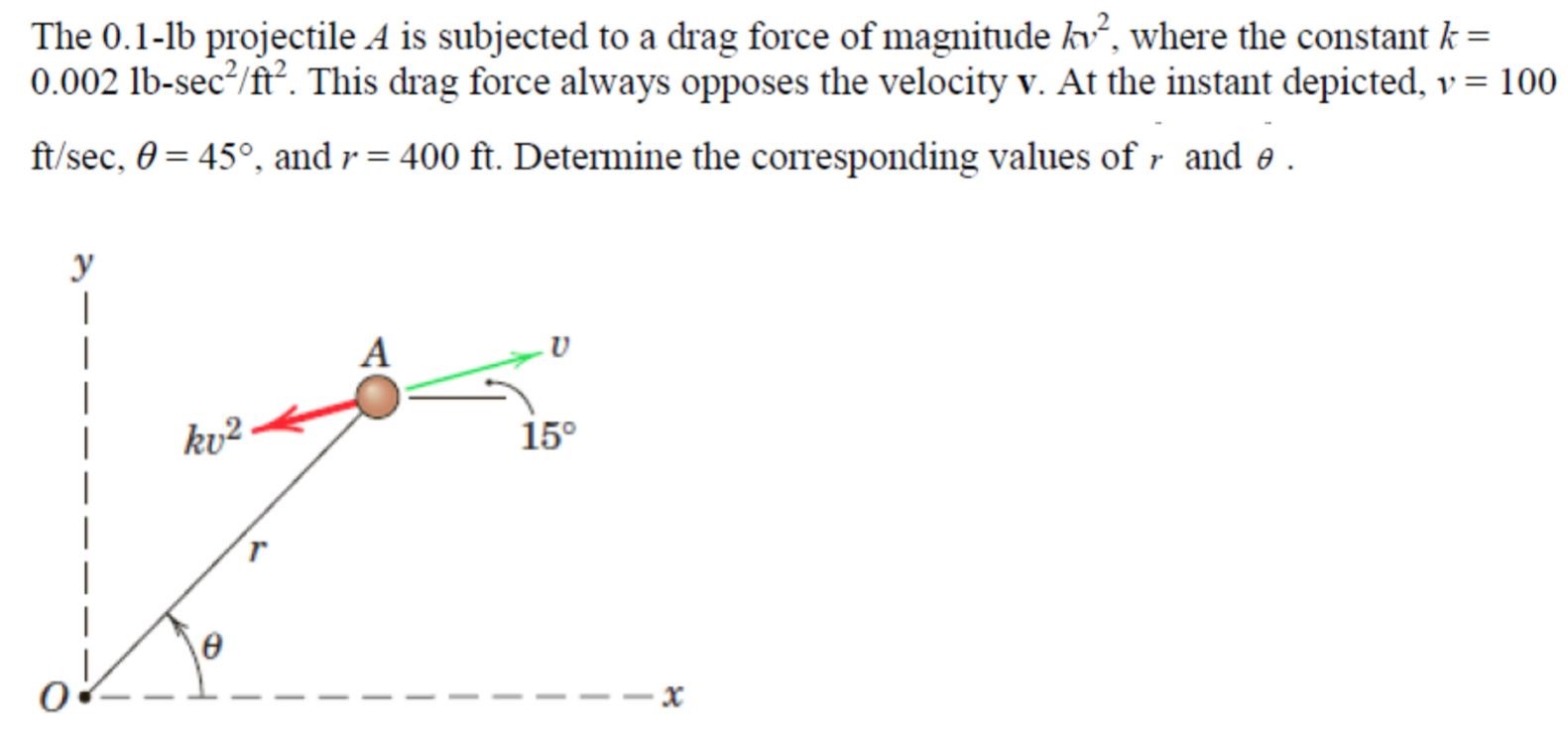 The 0.1−1 b projectile A is subjected to a drag force of magnitude kv2, where the constant k = 0.002 lb−sec2/ft2. This drag force always opposes the velocity v. At the instant depicted, v = 100 ft/sec, θ = 45∘, and r = 400 ft. Determine the corresponding values of r and θ.