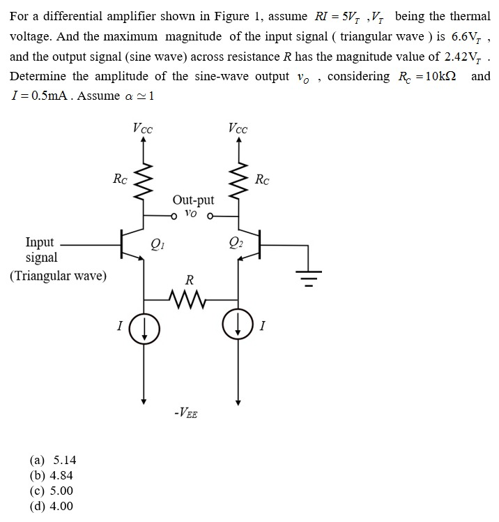 For a differential amplifier shown in Figure 1, assume RI = 5 VT, VT being the thermal voltage. And the maximum magnitude of the input signal ( triangular wave ) is 6.6VT, and the output signal (sine wave) across resistance R has the magnitude value of 2.42VT. Determine the amplitude of the sine-wave output vo, considering RC = 10 kΩ and I = 0.5 mA. Assume α≃1 (a) 5.14 (b) 4.84 (c) 5.00 (d) 4.00