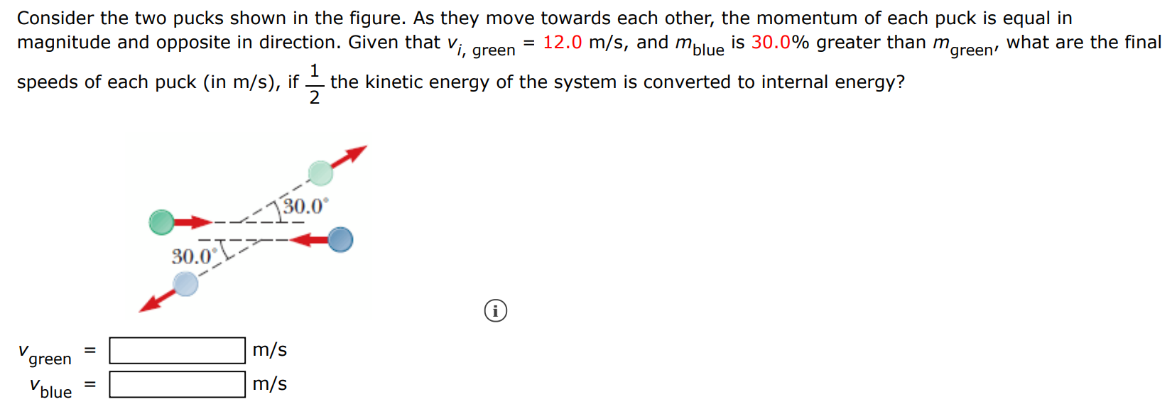 Consider the two pucks shown in the figure. As they move towards each other, the momentum of each puck is equal in magnitude and opposite in direction. Given that vi, green = 12.0 m/s, and mblue is 30.0% greater than mgreen , what are the final speeds of each puck (in m/s ), if 12 the kinetic energy of the system is converted to internal energy? (i) vgreen = m/s vblue = m/s 