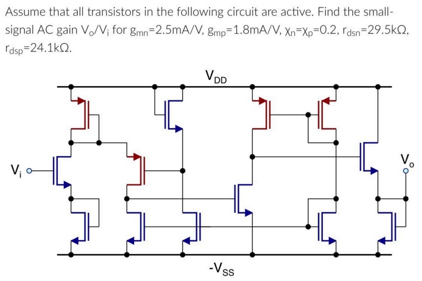 Assume that all transistors in the following circuit are active. Find the small-signal AC gain V0 /Vi for gmn = 2.5 mA/V, gmp = 1.8 mA/V, Xn = Xp = 0.2, rdsn = 29.5 kΩ, rdsp = 24.1 kΩ