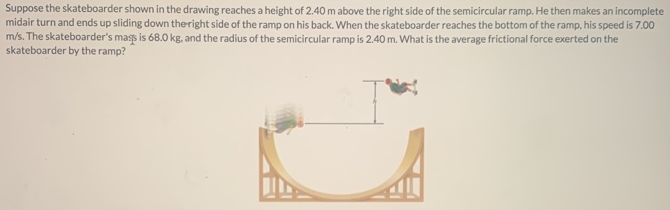 Suppose the skateboarder shown in the drawing reaches a height of 2.40 m above the right side of the semicircular ramp. He then makes an incomplete midair turn and ends up sliding down theright side of the ramp on his back. When the skateboarder reaches the bottom of the ramp, his speed is 7.00 m/s. The skateboarder's mass is 68.0 kg, and the radius of the semicircular ramp is 2.40 m. What is the average frictional force exerted on the skateboarder by the ramp?