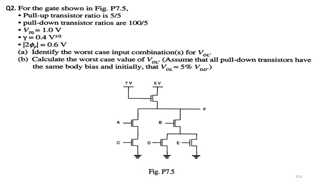 Q2. For the gate shown in Fig. P7.5, Pull-up transistor ratio is 5/5 pull-down transistor ratios are 100/5 VT0 = 1.0 V γ = 0.4 V1/2 |2ϕF| = 0.6 V (a) Identify the worst case input combination(s) for VOL. (b) Calculate the worst case value of VOL. (Assume that all pull-down transistors have the same body bias and initially, that VOL ≈ 5% VDD∗ ) Fig. P7.5