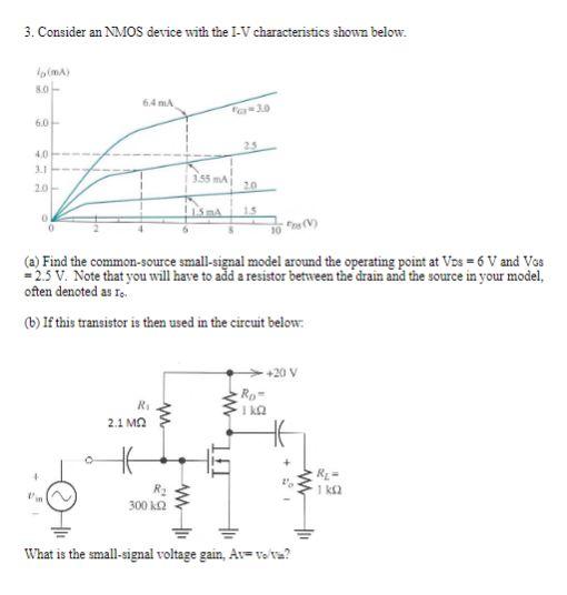 Consider an NMOS device with the I-V characteristics shown below. (a) Find the common-source small-signal model around the operating point at VDS = 6 V and VGS = 2.5 V. Note that you will have to add a resistor between the drain and the source in your model, often denoted as ro. (b) If this transistor is then used in the circuit below: What is the small-signal voltage gain, Av = vo/vin?