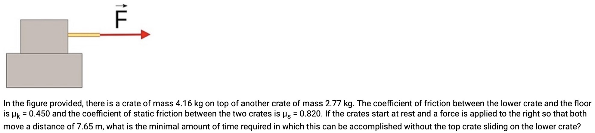 In the figure provided, there is a crate of mass 4.16 kg on top of another crate of mass 2.77 kg. The coefficient of friction between the lower crate and the floor is μk = 0.450 and the coefficient of static friction between the two crates is μs = 0.820. If the crates start at rest and a force is applied to the right so that both move a distance of 7.65 m, what is the minimal amount of time required in which this can be accomplished without the top crate sliding on the lower crate?