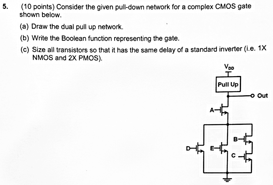 Consider the given pull-down network for a complex CMOS gate shown below. (a) Draw the dual pull up network. (b) Write the Boolean function representing the gate. (c) Size all transistors so that it has the same delay of a standard inverter (i. e. 1X NMOS and 2X PMOS).