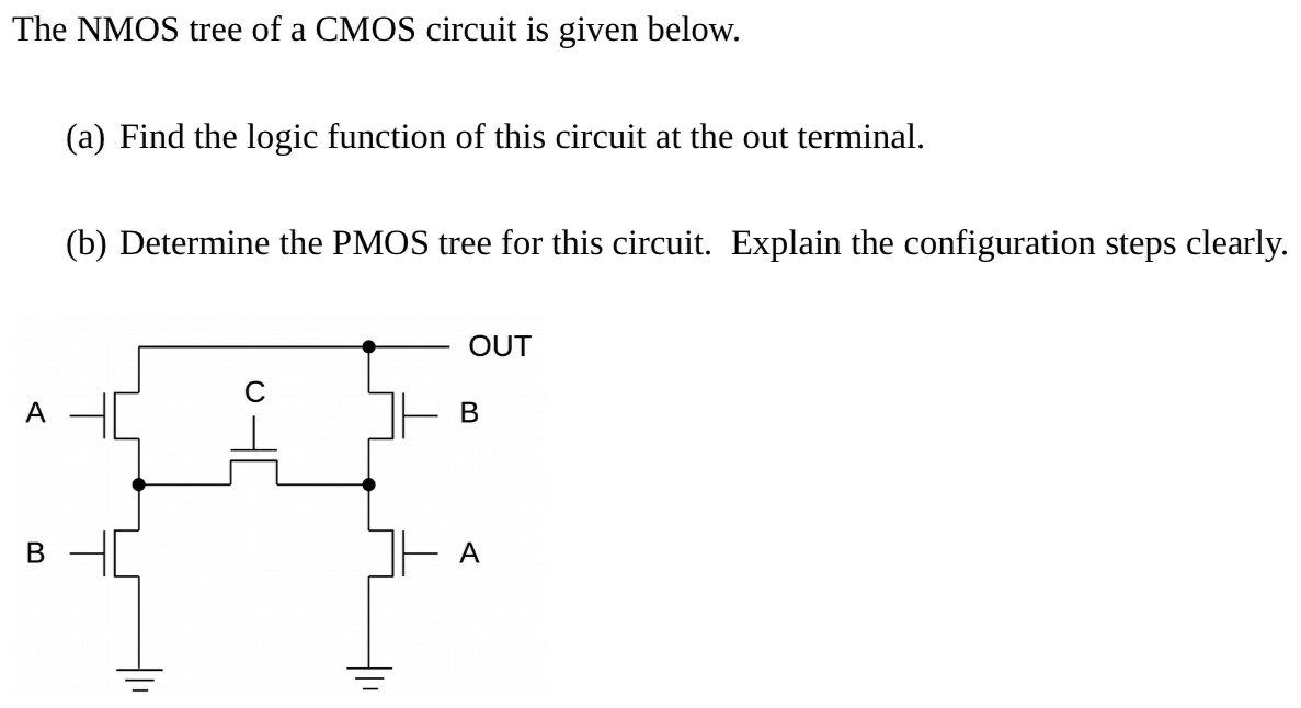 The NMOS tree of a CMOS circuit is given below. (a) Find the logic function of this circuit at the out terminal. (b) Determine the PMOS tree for this circuit. Explain the configuration steps clearly.