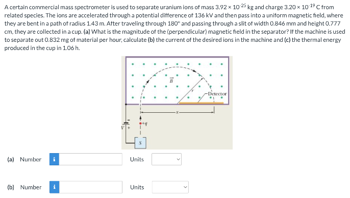 A certain commercial mass spectrometer is used to separate uranium ions of mass 3.92×10−25 kg and charge 3.20×10−19 C from related species. The ions are accelerated through a potential difference of 136 kV and then pass into a uniform magnetic field, where they are bent in a path of radius 1.43 m. After traveling through 180∘ and passing through a slit of width 0.846 mm and height 0.777 cm, they are collected in a cup. (a) What is the magnitude of the (perpendicular) magnetic field in the separator? If the machine is used to separate out 0.832 mg of material per hour, calculate (b) the current of the desired ions in the machine and (c) the thermal energy produced in the cup in 1.06 h. (a) Number Units (b) Number Units