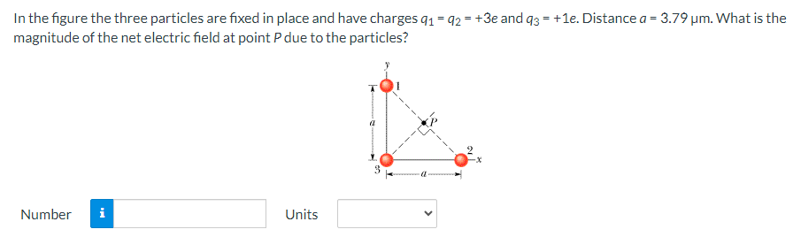 In the figure the three particles are fixed in place and have charges q1 = q2 = +3 e and q3 = +1 e. Distance a = 3.79 μm. What is the magnitude of the net electric field at point P due to the particles? Number Units