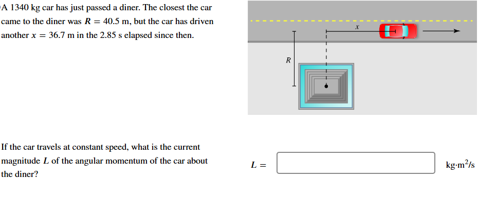 A 1340 kg car has just passed a diner. The closest the car came to the diner was R = 40.5 m, but the car has driven another x = 36.7 m in the 2.85 s elapsed since then. If the car travels at constant speed, what is the current magnitude L of the angular momentum of the car about the diner? L = kg⋅m2/s