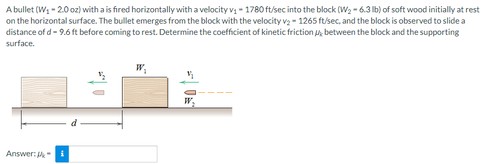 A bullet (W1 = 2.0 oz) with a is fired horizontally with a velocity v1 = 1780 ft/sec into the block (W2 = 6.3 lb) of soft wood initially at rest on the horizontal surface. The bullet emerges from the block with the velocity v2 = 1265 ft/sec, and the block is observed to slide a distance of d = 9.6 ft before coming to rest. Determine the coefficient of kinetic friction μk between the block and the supporting surface. Answer: μk =