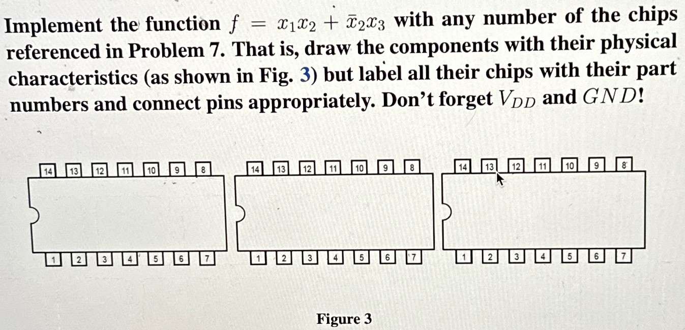 Implement the function f = x1x2 + x¯2x3 with any number of the chips referenced in Problem 7. That is, draw the components with their physical characteristics (as shown in Fig. 3) but label all their chips with their part numbers and connect pins appropriately. Don't forget VDD and GND ! Figure 3