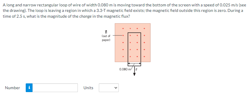 A long and narrow rectangular loop of wire of width 0.080 m is moving toward the bottom of the screen with a speed of 0.025 m/s (see the drawing). The loop is leaving a region in which a 3.3-T magnetic field exists; the magnetic field outside this region is zero. During a time of 2.5 s, what is the magnitude of the change in the magnetic flux? Number Units