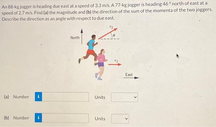 An 88−kg jogger is heading due east at a speed of 3.3 m/s. A 77−kg jogger is heading 46∘ north of east at a speed of 2.7 m/s. Find (a) the magnitude and (b) the direction of the sum of the momenta of the two joggers. Describe the direction as an angle with respect to due east. (a) Number Units (b) Number Units