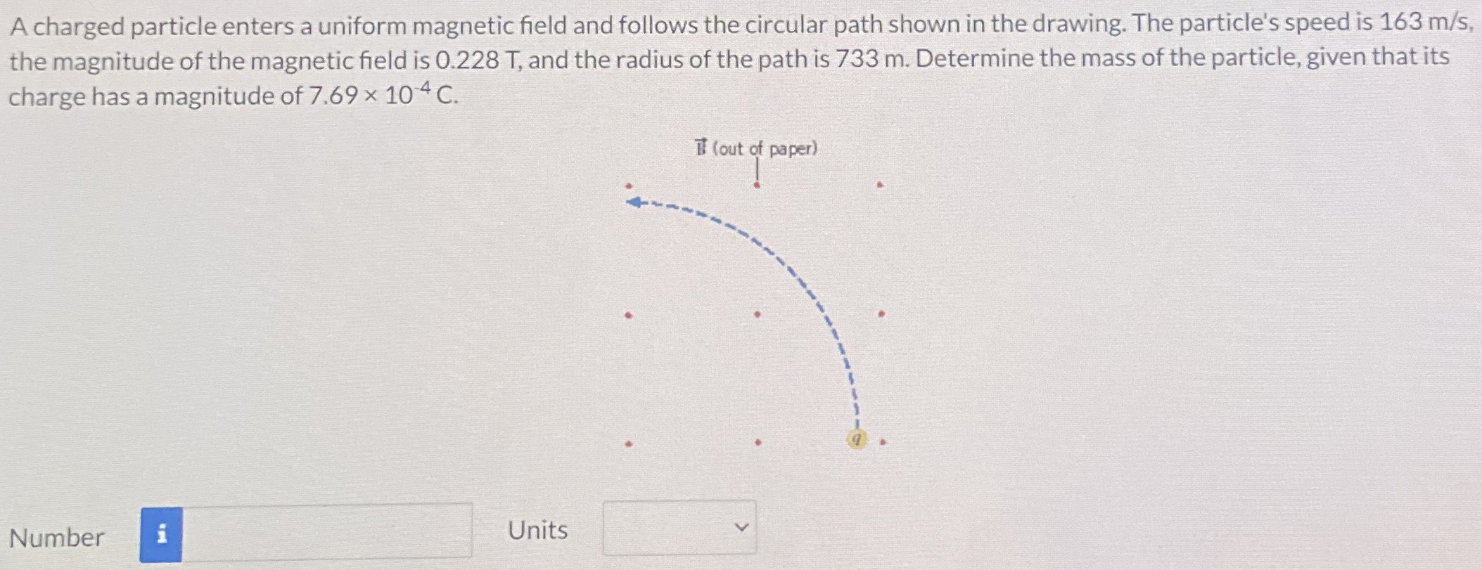 A charged particle enters a uniform magnetic field and follows the circular path shown in the drawing. The particle's speed is 163 m/s, the magnitude of the magnetic field is 0.228 T, and the radius of the path is 733 m. Determine the mass of the particle, given that its charge has a magnitude of 7.69×10−4 C Number Units