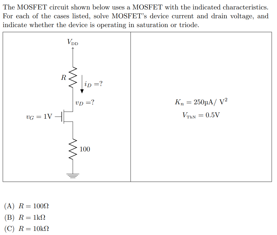 The MOSFET circuit shown below uses a MOSFET with the indicated characteristics. For each of the cases listed, solve MOSFET's device current and drain voltage, and indicate whether the device is operating in saturation or triode. (A) R = 100 Ω (B) R = 1 kΩ (C) R = 10 kΩ