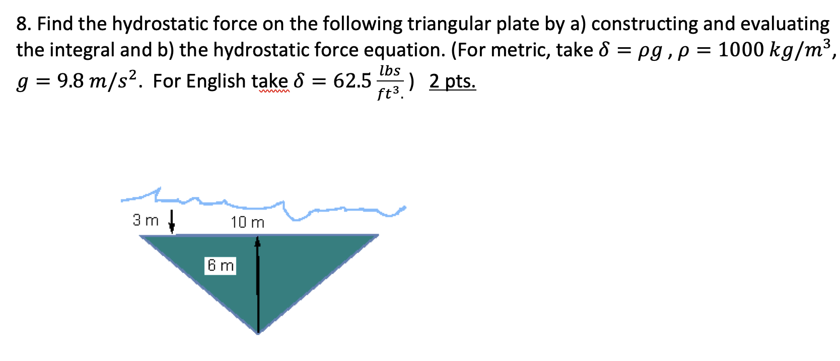  Find the hydrostatic force on the following triangular plate by a) constructing and evaluating the integral and b) the hydrostatic force equation. (For metric, take δ = ρg, ρ = 1000 kg/m3, g = 9.8 m/s2. For English take δ = 62.5 lbs ft3. 2 pts. 