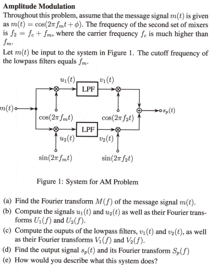 Amplitude Modulation Throughout this problem, assume that the message signal m(t) is given as m(t) = cos⁡(2πfmt+ϕ). The frequency of the second set of mixers is f2 = fc+fm, where the carrier frequency fc is much higher than fm. Let m(t) be input to the system in Figure 1. The cutoff frequency of the lowpass filters equals fm. Figure 1: System for AM Problem (a) Find the Fourier transform M(f) of the message signal m(t). (b) Compute the signals u1(t) and u2(t) as well as their Fourier transforms U1(f) and U2(f). (c) Compute the ouputs of the lowpass filters, v1(t) and v2(t), as well as their Fourier transforms V1(f) and V2(f). (d) Find the output signal sp(t) and its Fourier transform Sp(f) (e) How would you describe what this system does?