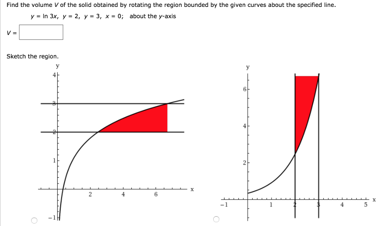 Find the volume V of the solid obtained by rotating the region bounded by the given curves about the specified line. y = ln⁡ 3x, y = 2, y = 3, x = 0; about the y-axis Sketch the region.