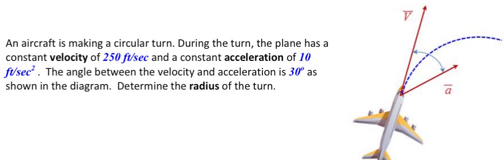 An aircraft is making a circular turn. During the turn, the plane has a constant velocity of 250 ft/sec and a constant acceleration of 10 ft/sec2. The angle between the velocity and acceleration is 30∘ as shown in the diagram. Determine the radius of the turn.