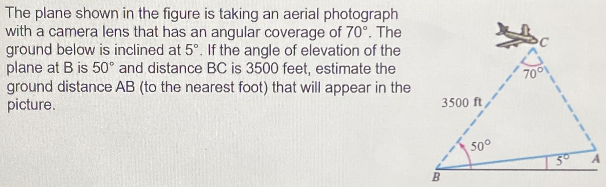 The plane shown in the figure is taking an aerial photograph with a camera lens that has an angular coverage of 70∘. The ground below is inclined at 5∘. If the angle of elevation of the plane at B is 50∘ and distance BC is 3500 feet, estimate the ground distance AB (to the nearest foot) that will appear in the picture.