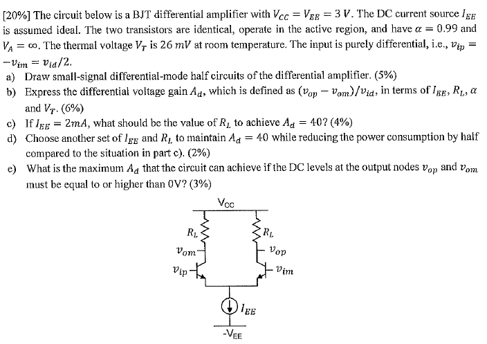 [20%] The circuit below is a BJT differential amplifier with VCC = VEE = 3 V. The DC current source IEE is assumed ideal. The two transistors are identical, operate in the active region, and have α = 0.99 and VA = ∞. The thermal voltage VT is 26 mV at room temperature. The input is purely differential, i. e. , vip = −vim = vid/2 a) Draw small-signal differential-mode half circuits of the differential amplifier. ( 5%) b) Express the differential voltage gain Ad, which is defined as (vop−vom)/vid, in terms of IEE, RL, α and VT⋅(6%) c) If IEE = 2 mA, what should be the value of RL to achieve Ad = 40 ? (4%) d) Choose another set of IEE and RL to maintain Ad = 40 while reducing the power consumption by half compared to the situation in part c). (2%) e) What is the maximum Ad that the circuit can achieve if the DC levels at the output nodes vop and vom must be equal to or higher than 0 V? (3%) 