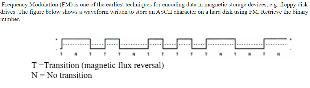 Frequency Modulation (FM) is one of the earliest techniques for encoding data in magnetic storage devices, e. g. floppy disk drives. The figure below shows a waveform written to store an ASCII character on a hard disk using FM. Retrieve the binary number. T = Transition (magnetic flux reversal) N = No transition