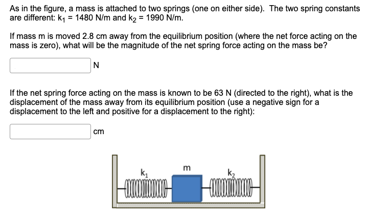 As in the figure, a mass is attached to two springs (one on either side). The two spring constants are different: k1 = 1480 N/m and k2 = 1990 N/m. If mass m is moved 2.8 cm away from the equilibrium position (where the net force acting on the mass is zero), what will be the magnitude of the net spring force acting on the mass be? N If the net spring force acting on the mass is known to be 63 N (directed to the right), what is the displacement of the mass away from its equilibrium position (use a negative sign for a displacement to the left and positive for a displacement to the right): cm 