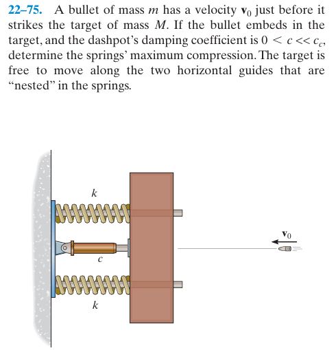 22-75. A bullet of mass m has a velocity v0 just before it strikes the target of mass M. If the bullet embeds in the target, and the dashpot's damping coefficient is 0 < c < cc, determine the springs' maximum compression. The target is free to move along the two horizontal guides that are "nested" in the springs.