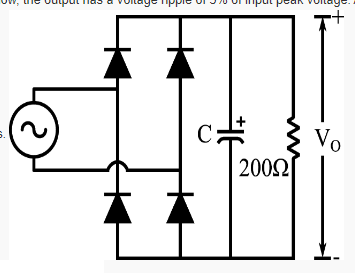 For the circuit and waveform given below, the output has a voltage ripple of 5% of input peak voltage. Assume all the switches to be ideal. Calculate the discharging period for a capacitor in degrees. For the circuit and waveform shown in , compute the capacitance for a ripple voltage of 5% of peak value of sinusoidal input voltage with 50Hz frequency. (Answer in uF)