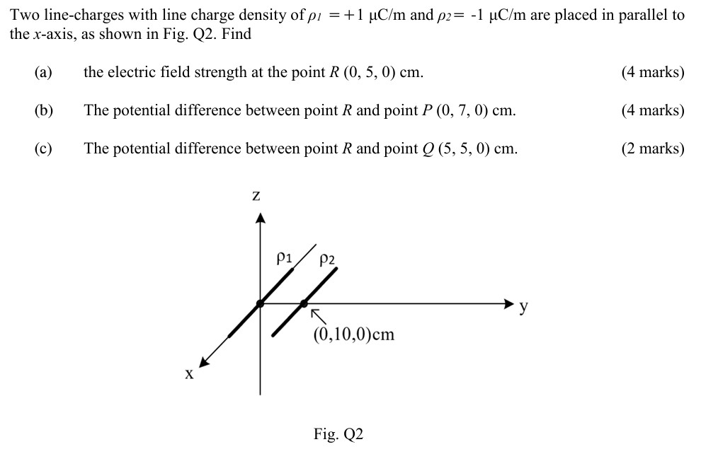 Two line-charges with line charge density of ρ1 = +1 μC/m and ρ2 = −1 μC/m are placed in parallel to the x-axis, as shown in Fig. Q2. Find (a) the electric field strength at the point R(0, 5, 0) cm. (4 marks) (b) The potential difference between point R and point P(0, 7, 0) cm. (4 marks) (c) The potential difference between point R and point Q(5, 5, 0) cm. (2 marks) Fig. Q2