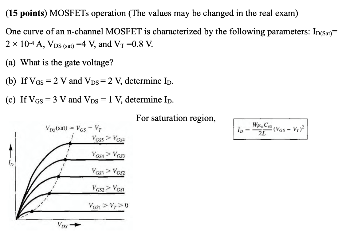 (15 points) MOSFETs operation (The values may be changed in the real exam) One curve of an n-channel MOSFET is characterized by the following parameters: ID(Sat) = 2×10−4 A, VDS(sat) = 4 V, and VT = 0.8 V. (a) What is the gate voltage? (b) If VGS = 2 V and VDS = 2 V, determine ID. (c) If VGS = 3 V and VDS = 1 V, determine ID. For saturation region, ID = WμnCox2L(VGS − VT)2 