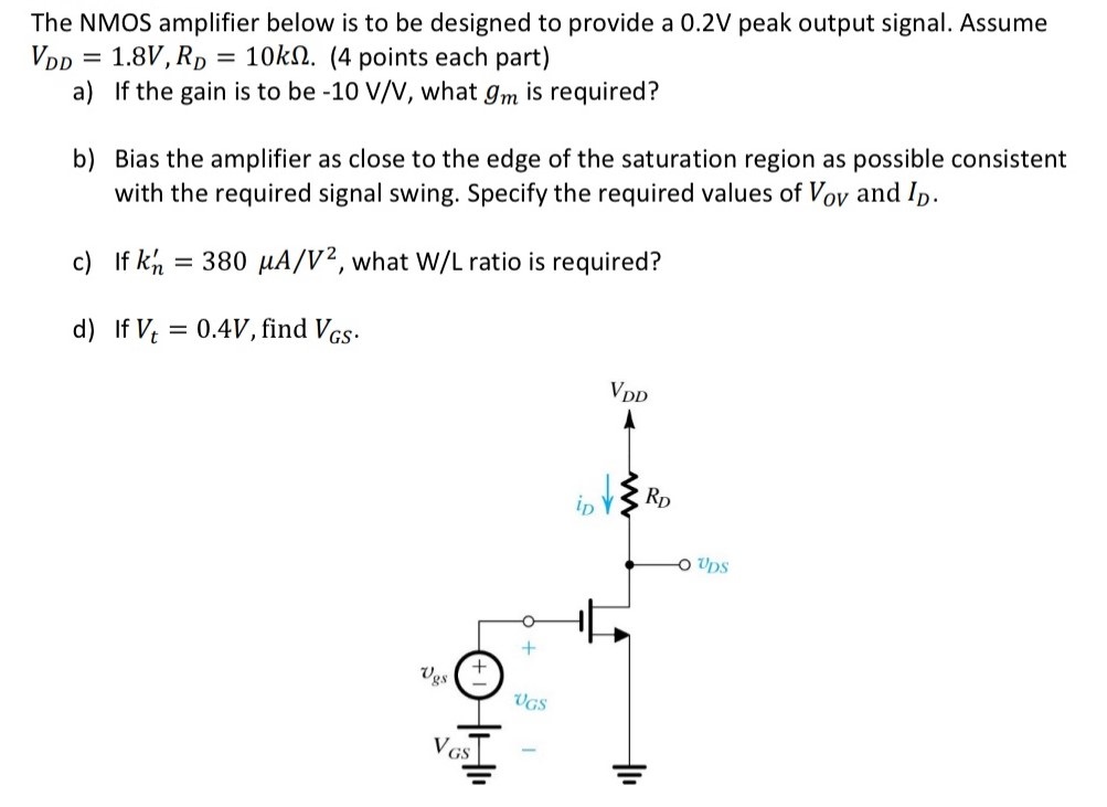 The NMOS amplifier below is to be designed to provide a 0.2 V peak out