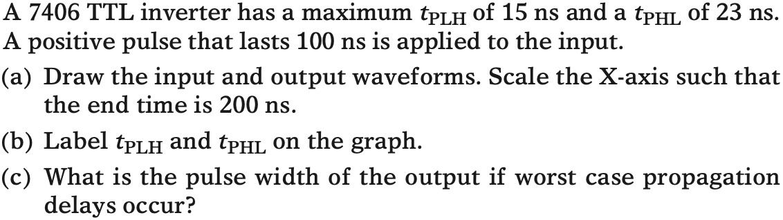 A 7406 TTL inverter has a maximum tPLH of 15 ns and a tPHL of 23 ns. A positive pulse that lasts 100 ns is applied to the input. (a) Draw the input and output waveforms. Scale the X-axis such that the end time is 200 ns. (b) Label tPLH and tPHL on the graph. (c) What is the pulse width of the output if worst case propagation delays occur?