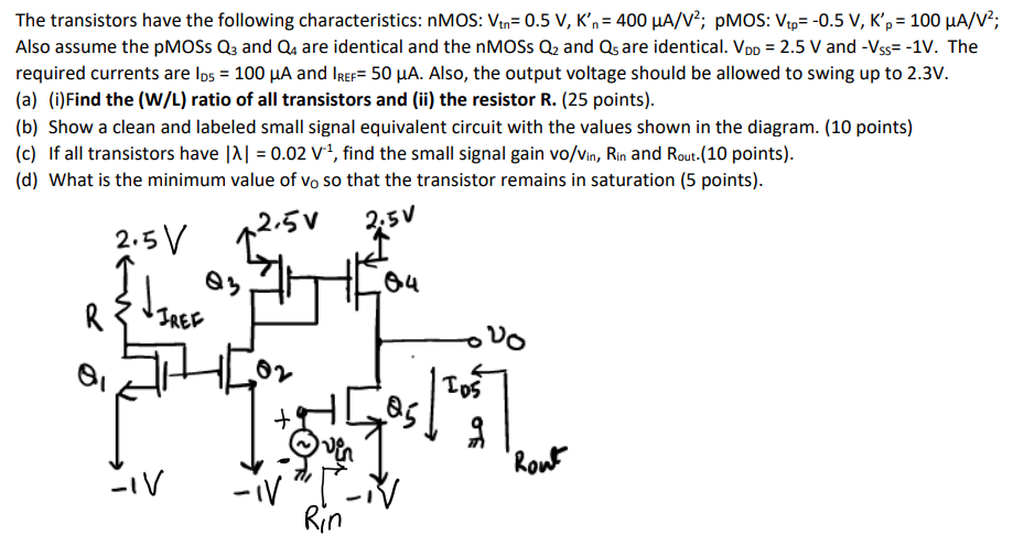 The transistors have the following characteristics: nMOS: Vtn = 0.5 V, Kn′ = 400 μA/V2; pMOS: Vtp = −0.5 V, Kp′ = 100 μA/V2; Also assume the pMOSsQ3 and Q4 are identical and the nMOSsQ2 and Q5 are identical. VDD = 2.5 V and −VSS = −1 V. The required currents are ID = 100 μA and IREF = 50 μA. Also, the output voltage should be allowed to swing up to 2.3 V. (a) (i)Find the (W/L) ratio of all transistors and (ii) the resistor R. (25 points). (b) Show a clean and labeled small signal equivalent circuit with the values shown in the diagram. (10 points) (c) If all transistors have |λ| = 0.02 V−1, find the small signal gain vo/vin , Rin and Rout. . (10 points). (d) What is the minimum value of vO so that the transistor remains in saturation (5 points).