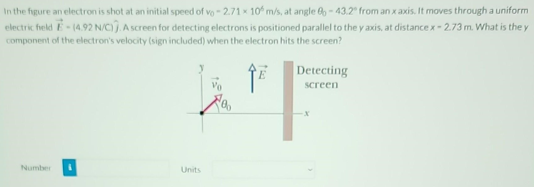 In the figure an electron is shot at an initial speed of v0 = 2.71×106 m/s, at angle θ0 = 43.2∘ from an x axis. It moves through a uniform electric field E→ = (4.92 N/C)j^. A screen for detecting electrons is positioned parallel to the y axis, at distance x = 2.73 m. What is the y component of the electron's velocity (sign included) when the electron hits the screen? Number Units