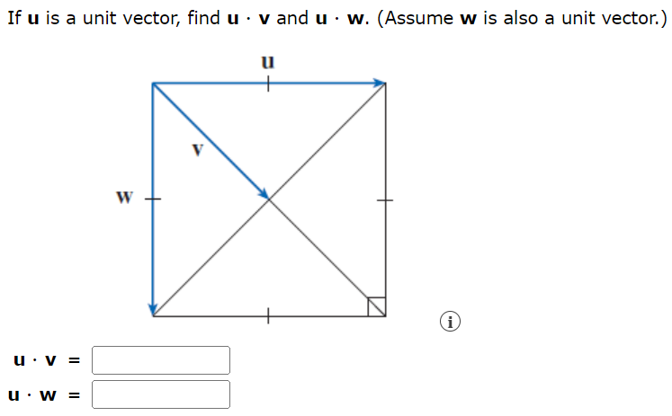 If u is a unit vector, find u⋅v and u⋅w. (Assume w is also a unit vector.) u⋅v = u⋅w =