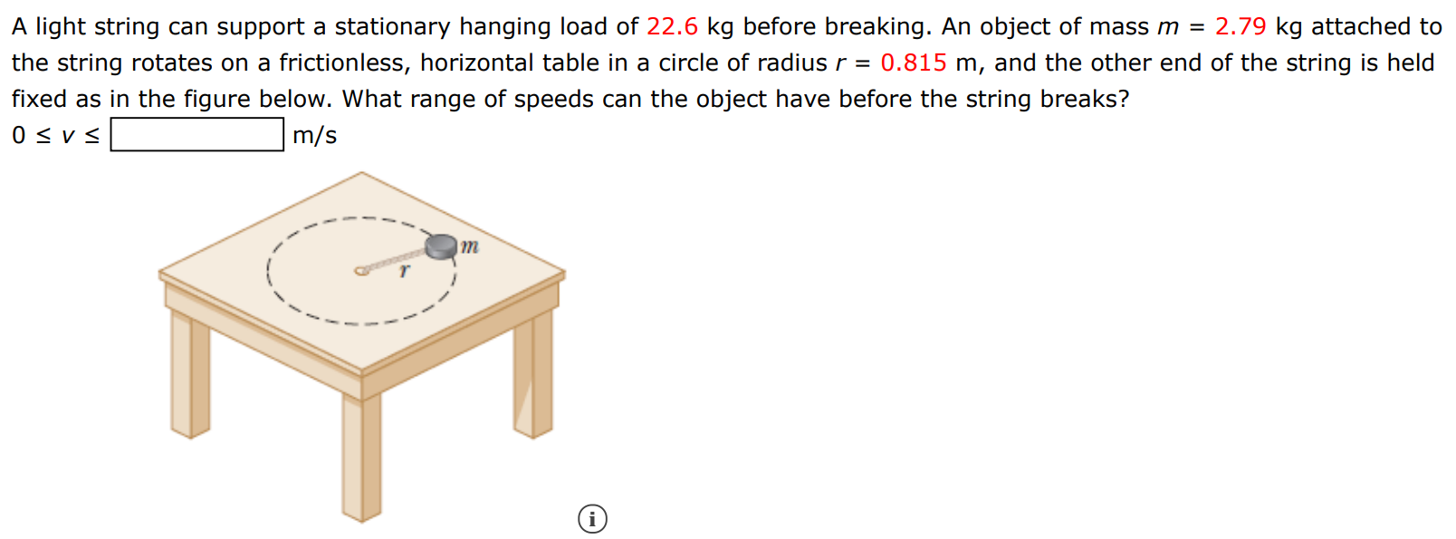 A light string can support a stationary hanging load of 22.6 kg before breaking. An object of mass m = 2.79 kg attached to the string rotates on a frictionless, horizontal table in a circle of radius r = 0.815 m, and the other end of the string is held fixed as in the figure below. What range of speeds can the object have before the string breaks? 0 ≤ v ≤ m/s