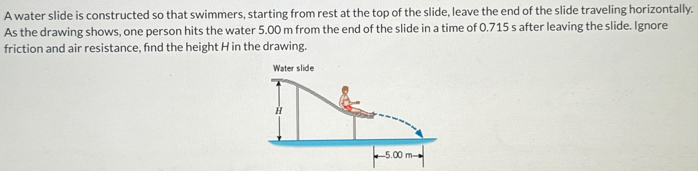 A water slide is constructed so that swimmers, starting from rest at the top of the slide, leave the end of the slide traveling horizontally. As the drawing shows, one person hits the water 5.00 m from the end of the slide in a time of 0.715 s after leaving the slide. Ignore friction and air resistance, find the height H in the drawing.