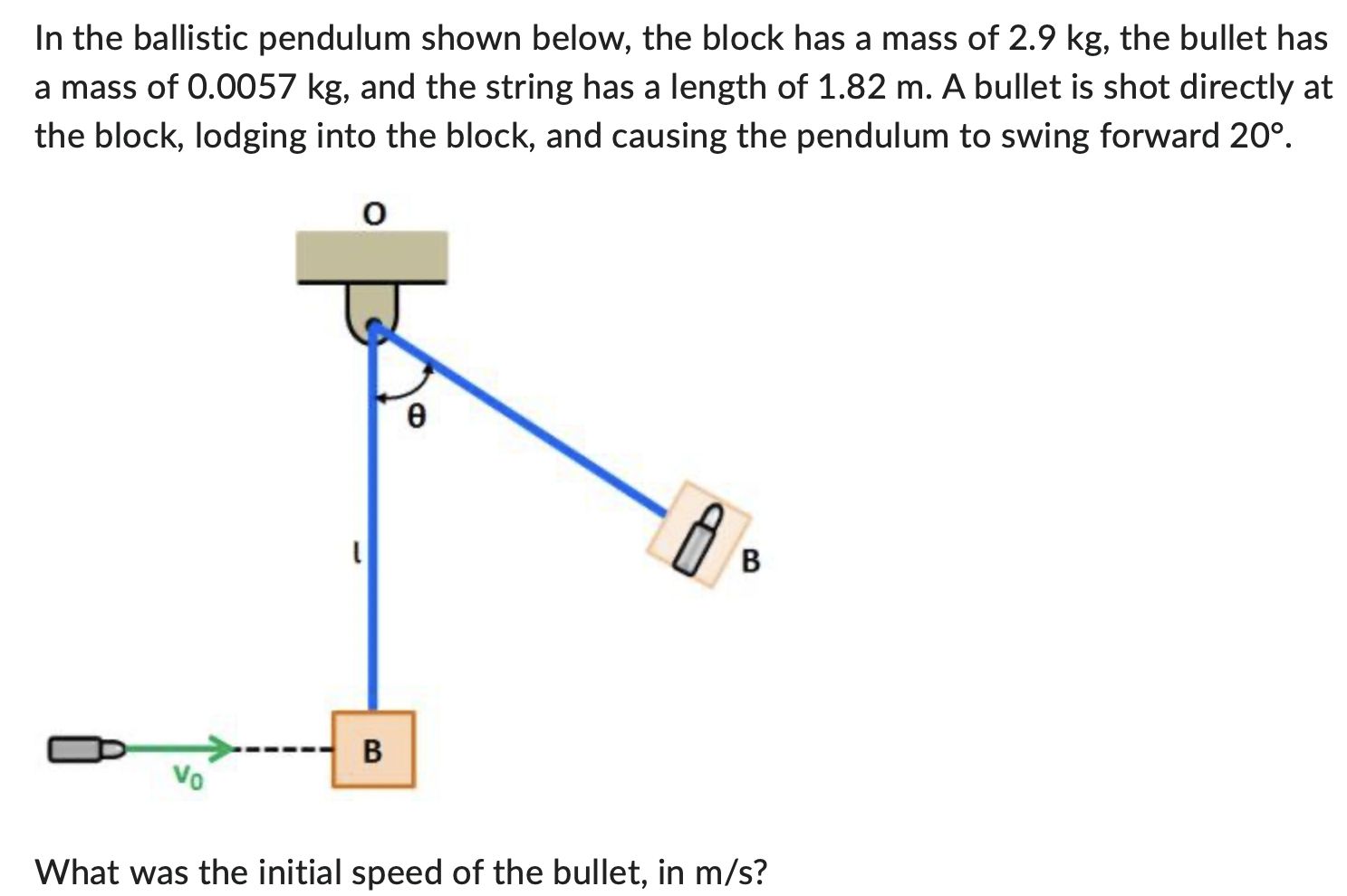 In the ballistic pendulum shown below, the block has a mass of 2.9 kg, the bullet has a mass of 0.0057 kg, and the string has a length of 1.82 m. A bullet is shot directly at the block, lodging into the block, and causing the pendulum to swing forward 20∘. What was the initial speed of the bullet, in m/s?