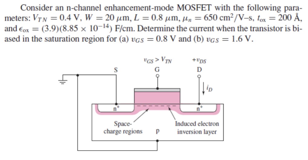 Consider an n-channel enhancement-mode MOSFET with the following parameters: VTN = 0.4 V, W = 20 μm, L = 0.8 μm, μn = 650 cm2/V−s, tox = 200 Å, and ϵox = (3.9)(8.85×10−14) F/cm. Determine the current when the transistor is biased in the saturation region for (a) vGS = 0.8 V and (b) vGS = 1.6 V.