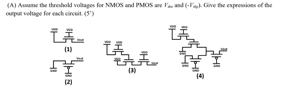 (A) Assume the threshold voltages for NMOS and PMOS are Vthn and (−Vthp). Give the expressions of the output voltage for each circuit. (5') (1) (2) (3) (4) 