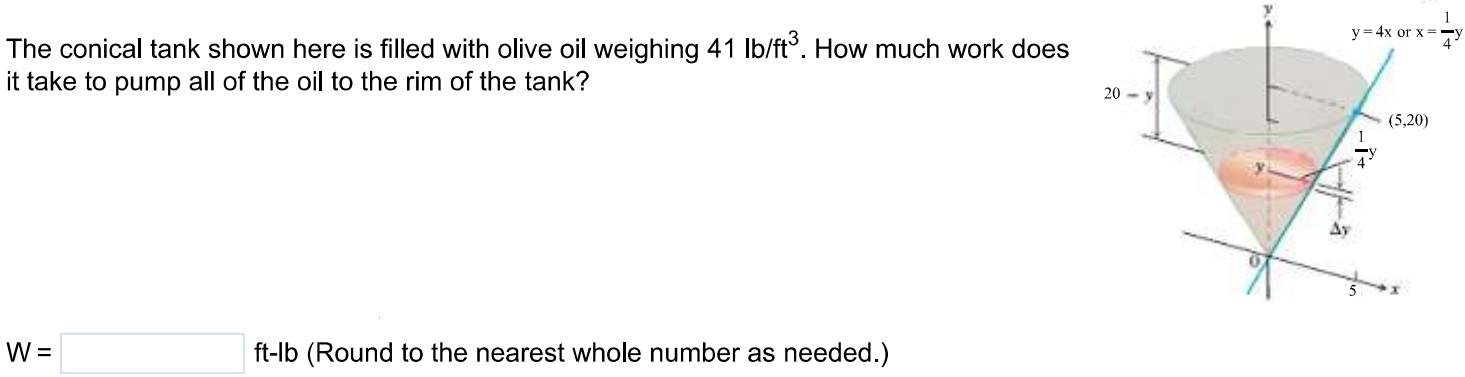 The conical tank shown here is filled with olive oil weighing 41 lb/ft^3. How much work does it take to pump all of the oil to the rim of the tank? W = ft-lb (Round to the nearest whole number as needed.)