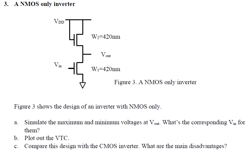 A NMOS only inverter Figure 3 shows the design of an inverter with NMOS only. a. Simulate the maximum and minimum voltages at Vout . What's the corresponding Vin for them? b. Plot out the VTC. c. Compare this design with the CMOS inverter. What are the main disadvantages? 