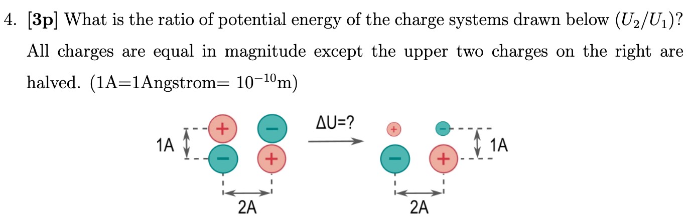 What is the ratio of potential energy of the charge systems drawn below (U2/U1)? All charges are equal in magnitude except the upper two charges on the right are halved. (1 A = 1 Angstrom = 10−10 m)