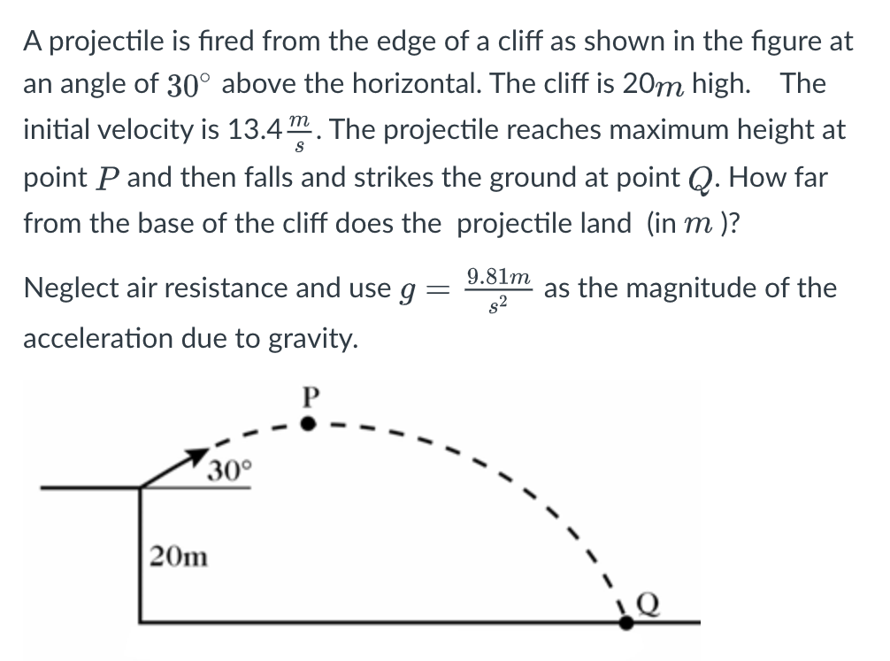 A projectile is fired from the edge of a cliff as shown in the figure at an angle of 30∘ above the horizontal. The cliff is 20 m high. The initial velocity is 13.4 m/s. The projectile reaches maximum height at point P and then falls and strikes the ground at point Q. How far from the base of the cliff does the projectile land (in m)? Neglect air resistance and use g = 9.81m s2 as the magnitude of the acceleration due to gravity.