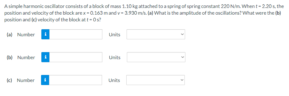 A simple harmonic oscillator consists of a block of mass 1.10 kg attached to a spring of spring constant 220 N/m. When t = 2.20 s, the position and velocity of the block are x = 0.163 m and v = 3.930 m/s. (a) What is the amplitude of the oscillations? What were the (b) position and (c) velocity of the block at t = 0 s? (a) Number Units (b) Number Units (c) Number Units