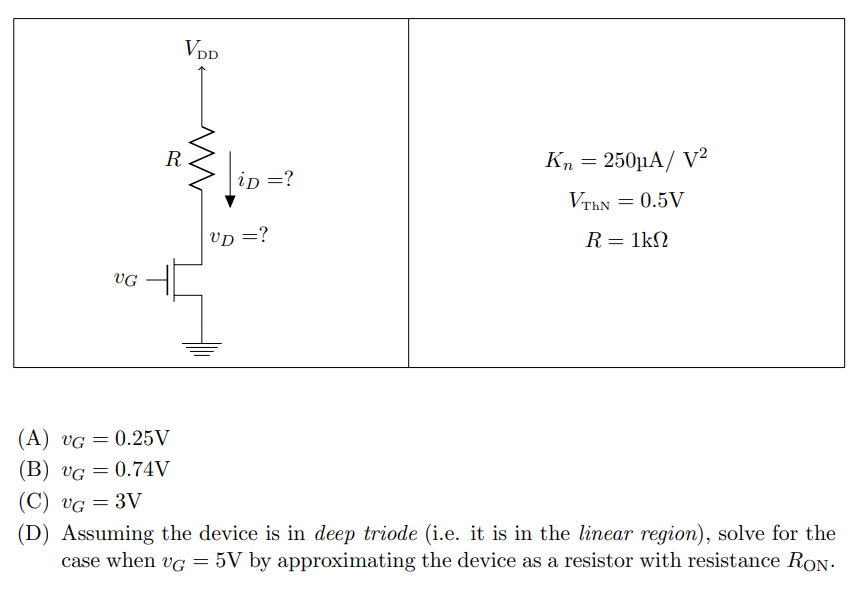 The MOSFET circuit shown below uses a MOSFET with the indicated characteristics. For each of the cases listed, solve MOSFET's device current and drain voltage, and indicate whether the device is operating in saturation or triode. [Hint: To perform this analysis, the usual procedure is to assume the device is in saturation, and solve accordingly. Then check for consistency. If the result is inconsistent, then you must repeat the analysis using the triode equation.] (A) vG = 0.25 V (B) vG = 0.74 V (C) vG = 3 V (D) Assuming the device is in deep triode (i.e. it is in the linear region), solve for the case when vG = 5 V by approximating the device as a resistor with resistance RON.