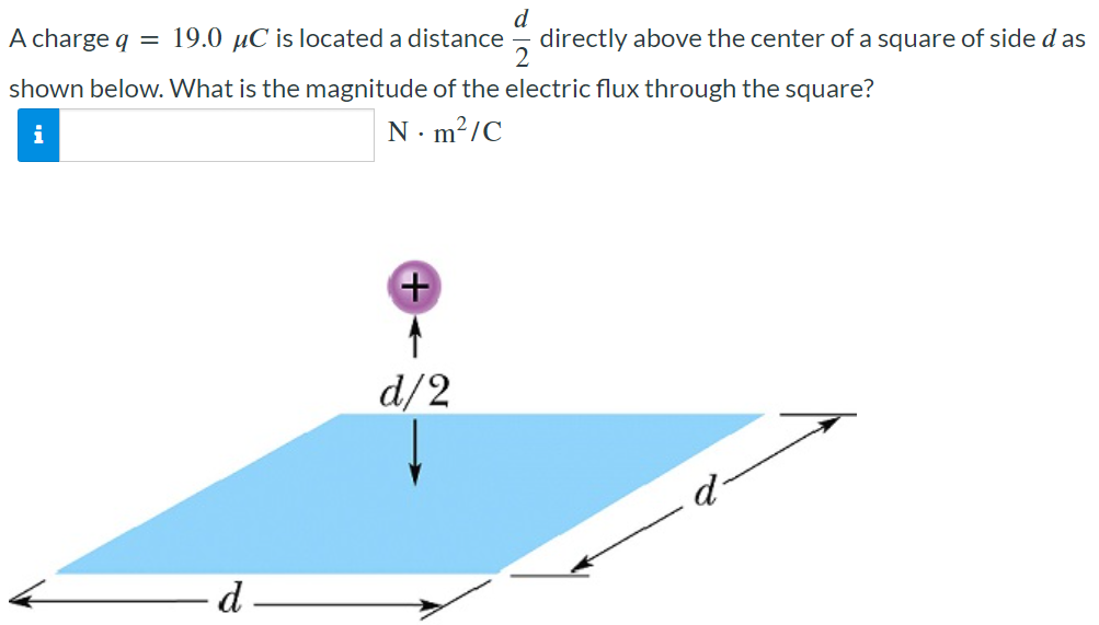 A charge q = 19.0 μC is located a distance d/2 directly above the center of a square of side d as shown below. What is the magnitude of the electric flux through the square? N⋅m2/C. 