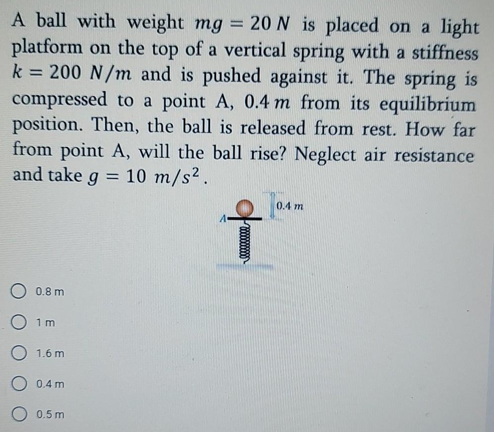 A ball with weight mg = 20 N is placed on a light platform on the top of a vertical spring with a stiffness k = 200 N/m and is pushed against it. The spring is compressed to a point A, 0.4 m from its equilibrium position. Then, the ball is released from rest. How far from point A, will the ball rise? Neglect air resistance and take g = 10 m/s2.0.8 m 1 m 1.6 m 0.4 m 0.5 m