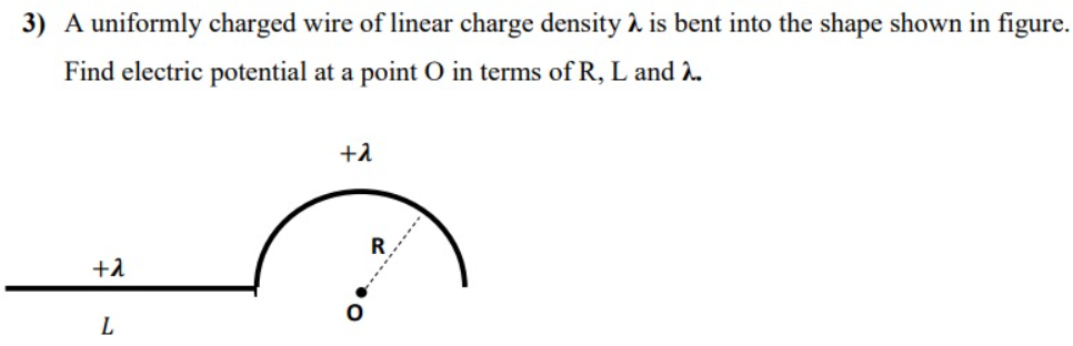 A uniformly charged wire of linear charge density λ is bent into the shape shown in figure. Find electric potential at a point O in terms of R, L and λ. 